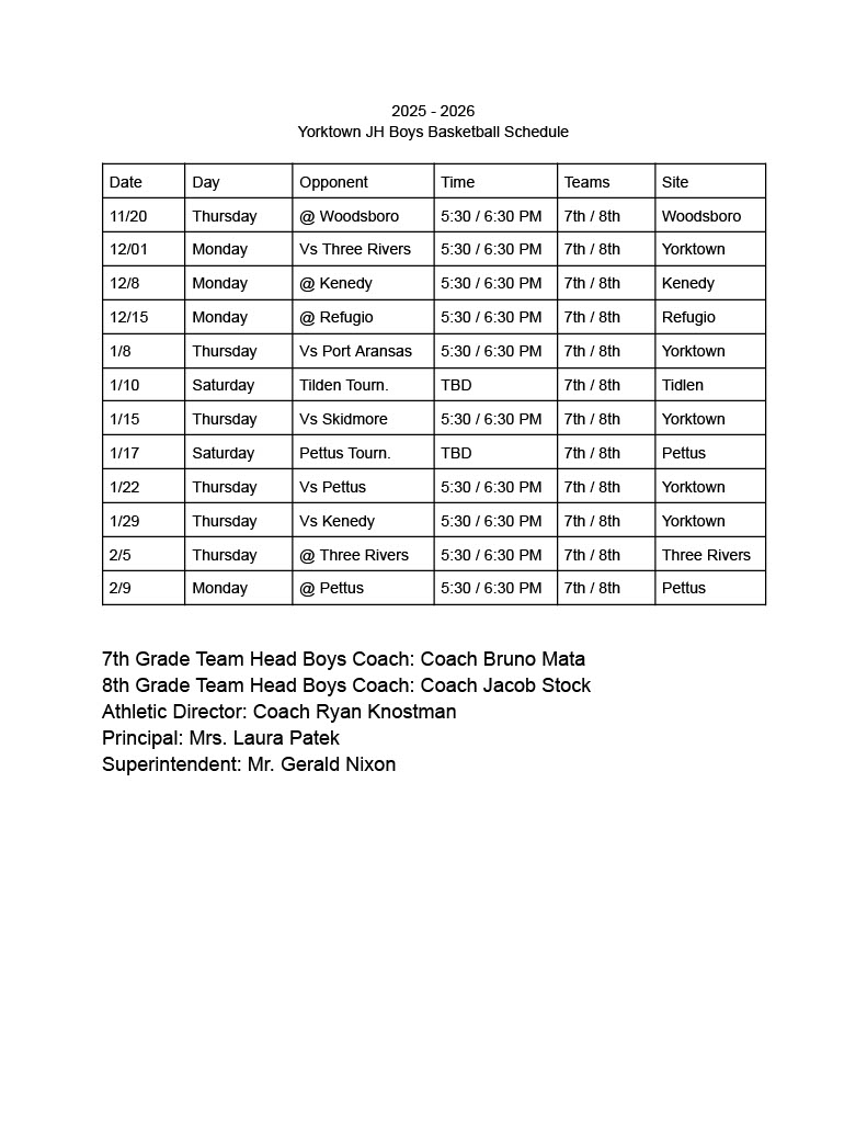Junior High Boys Basketball Schedule